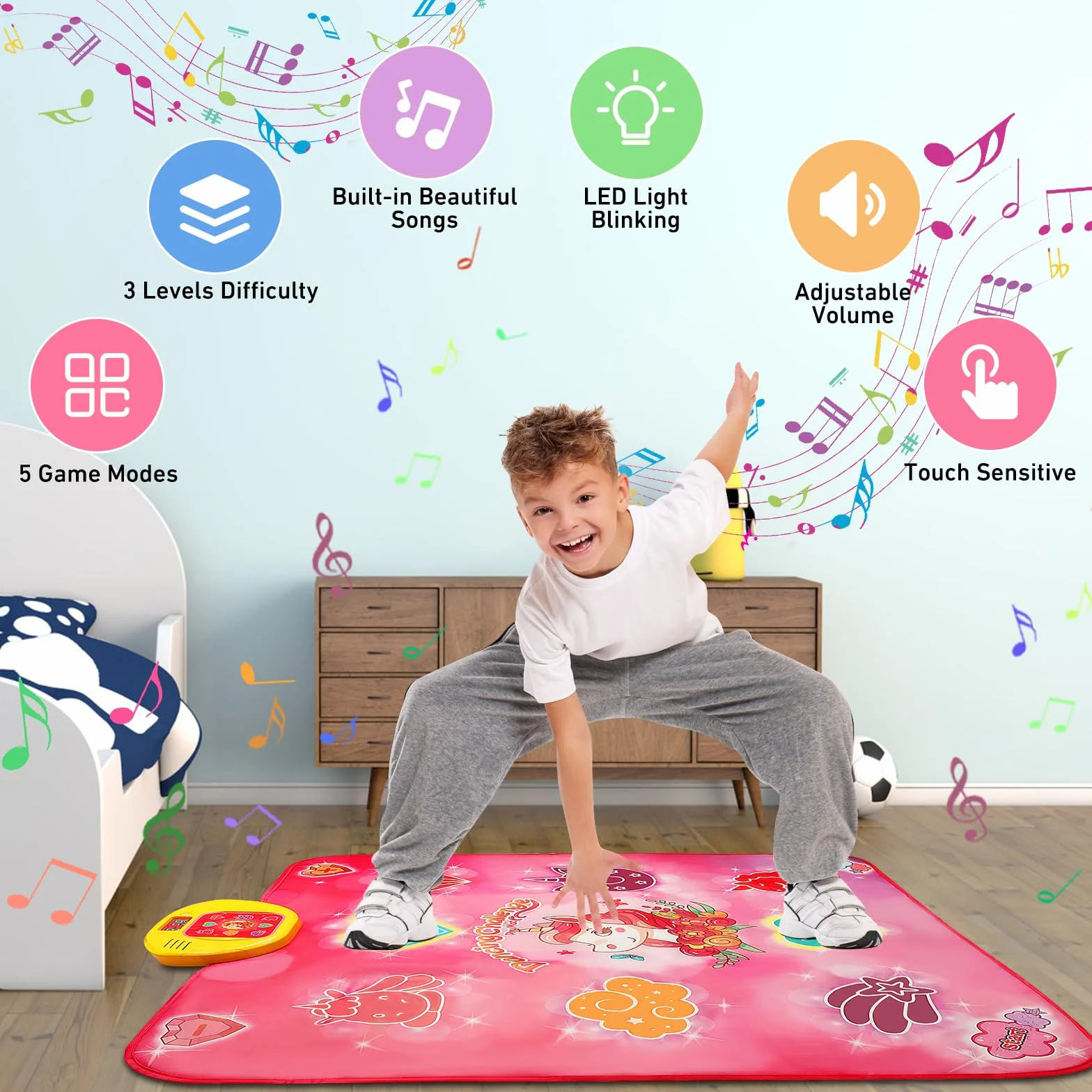 VATOS Tappetino da ballo musicale per bambini con 5 modalità, 3 livelli, LED, giocattolo 3-8 anni