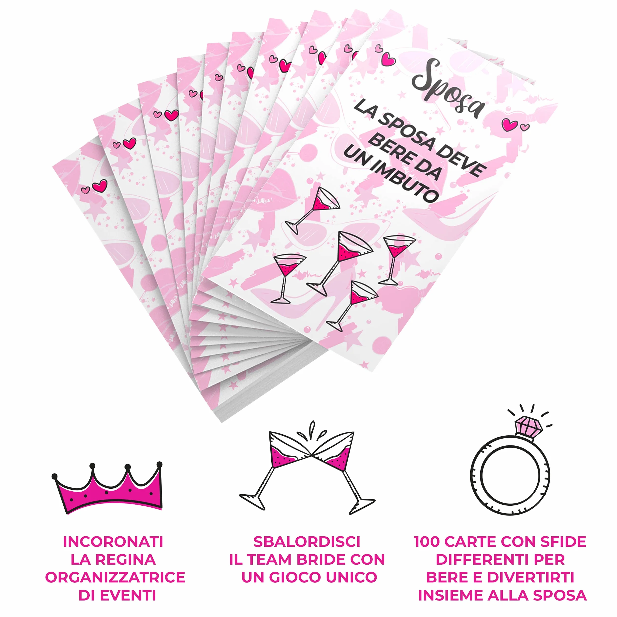 Giochi Alcolici Addio al Nubilato - di Carte per Bere - Kit Team Bride to Be - Accessori Gadget Amiche della Sposa, 100 pz