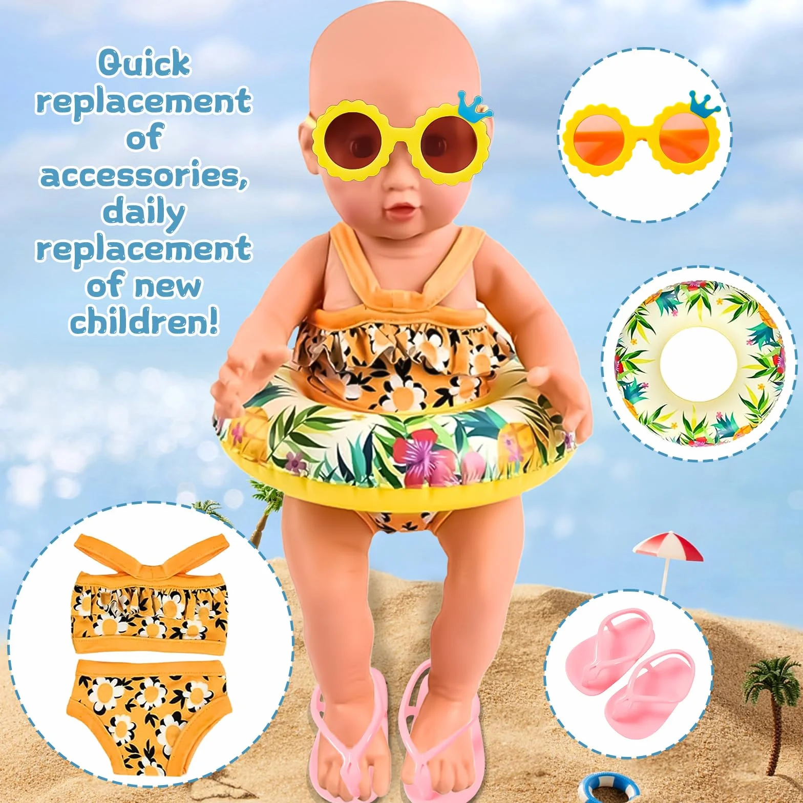 Set di Nuoto per Bambole 7 Pezzi,Estate Costume da Bagno per Bambole,Costume da Bagno per Bambole,Vestiti Bambole Reborn,Accessori per Bambole Reborn 35-45CM,Regalo per Ragazze