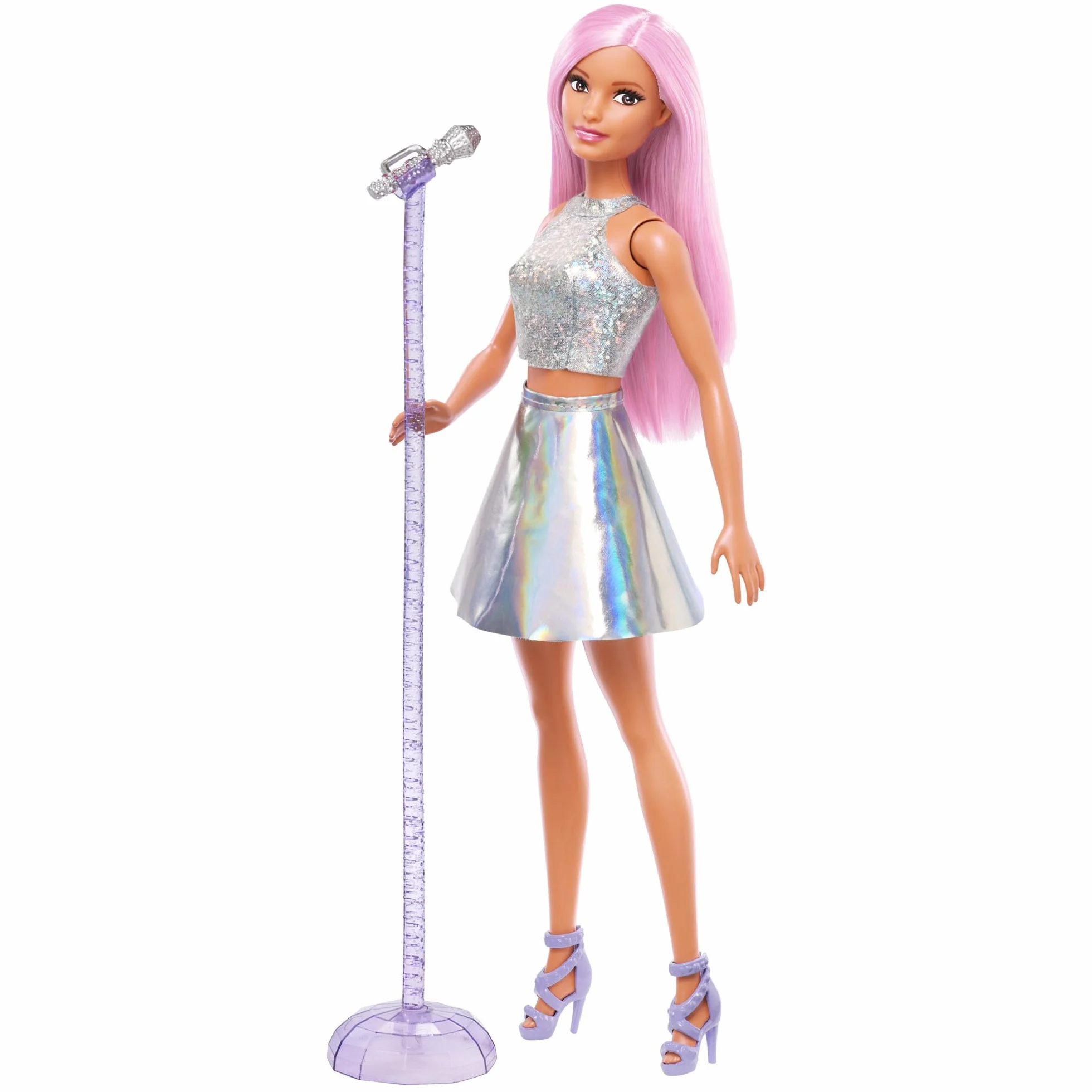 Barbie Carriere - Pop Star, bambola con top argentato e gonna irridescente, lunghi capelli rosa e scarpe viola, accessorio microfono incluso, giocattolo per bambini, 3+ anni, JCW42