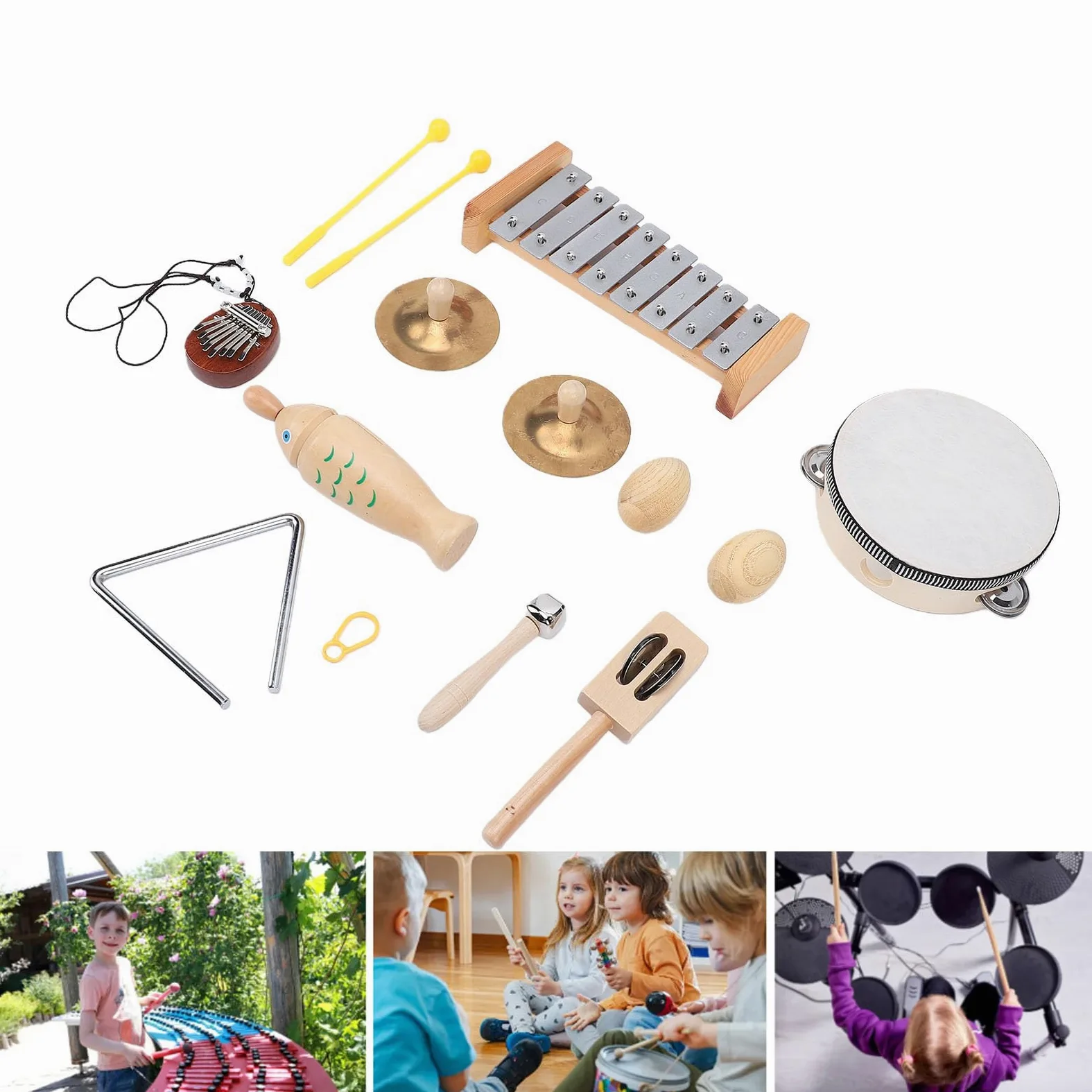 Set di 5 Strumenti Musicali in Legno, Giocattoli a Percussione con Xilofono, Tamburello e Maracas per Bambini Dai 3 Anni in su.