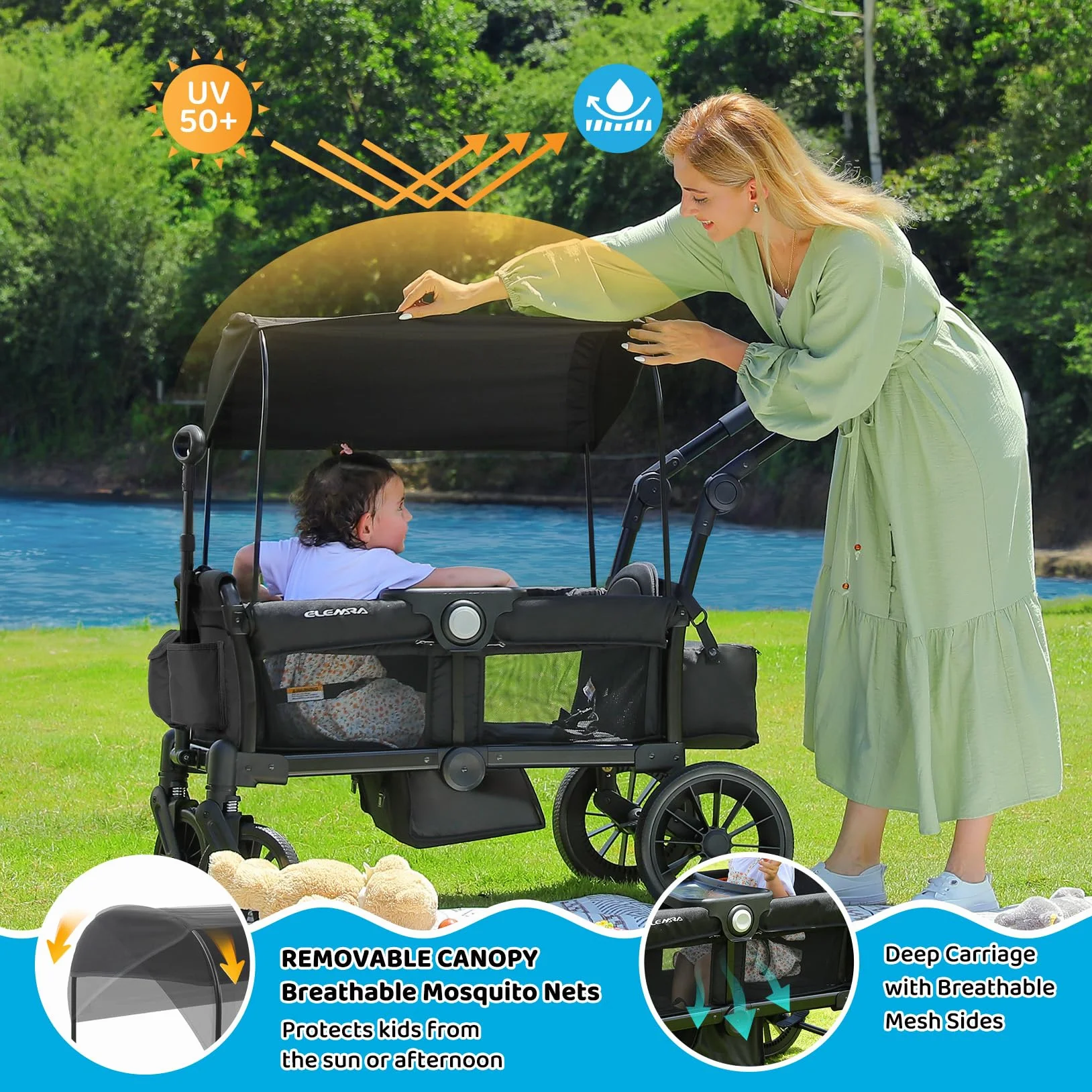 ELEMARA Passeggino per 2 bambino, passeggino pieghevole, carrello multiuso per bambino, carrello con tettoia rimovibile, maniglia regolabile, imbracature, grande borsa