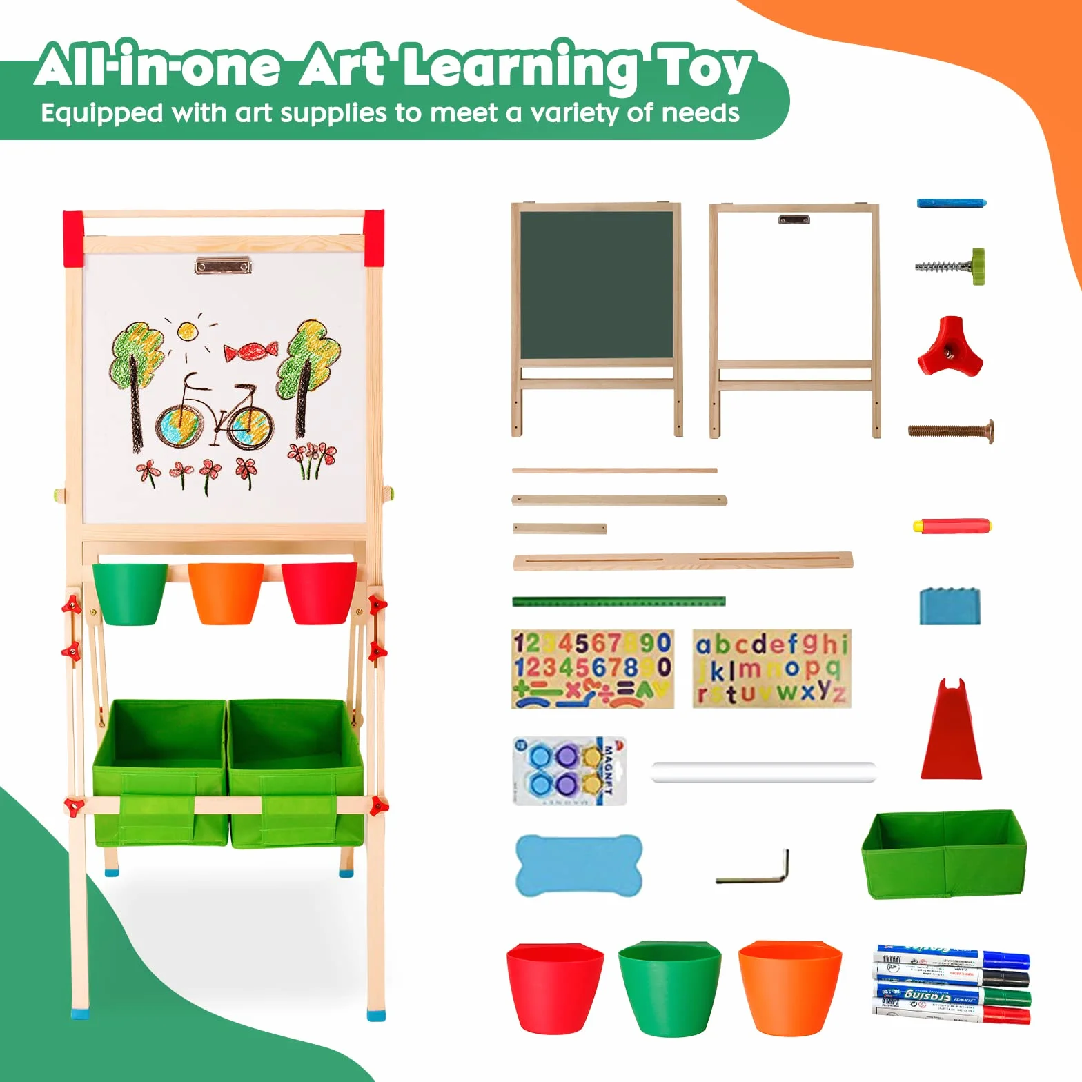 Cavalletto per bambini in legno, lavagna per bambini con rotolo di carta Lavagna bianca e lavagna bifacciale Cavalletto artistico regolabile in altezza con numeri e altri accessori per bambini
