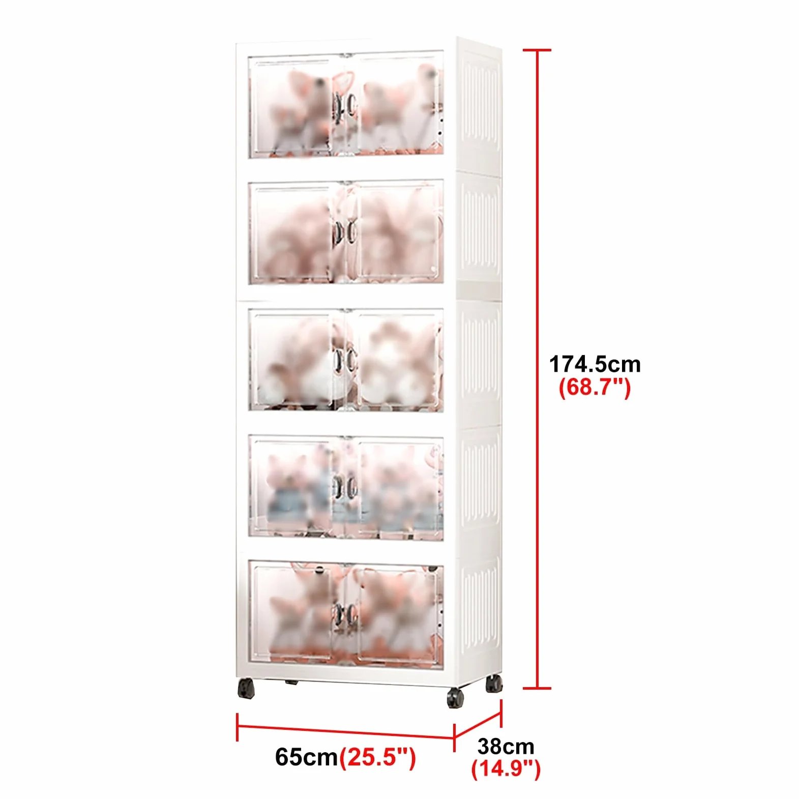 Teca Plexiglass Vetrina Pieghevole in Plastica con Ruote, Contenitore Impilabile con Doppia Anta e Coperchio, Vetrina in Acrilico Trasparente per Oggetti da Collezione(5-Layer)