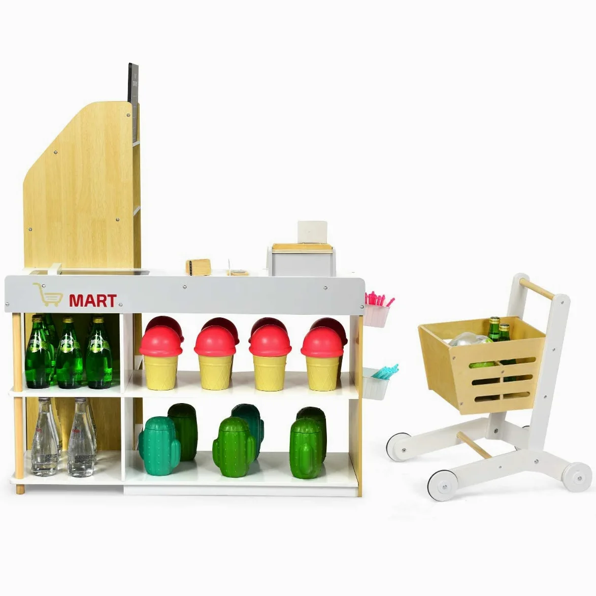 GYMAX Negozio Giocattolo per Bambini, Bancarella Mercato Giocattolo in Legno, con Carrello della Spesa, Supermercato Giocattolo Scanner, Pos, Carta di Credito e Monete di Legno, 90 x 62 x 111 cm