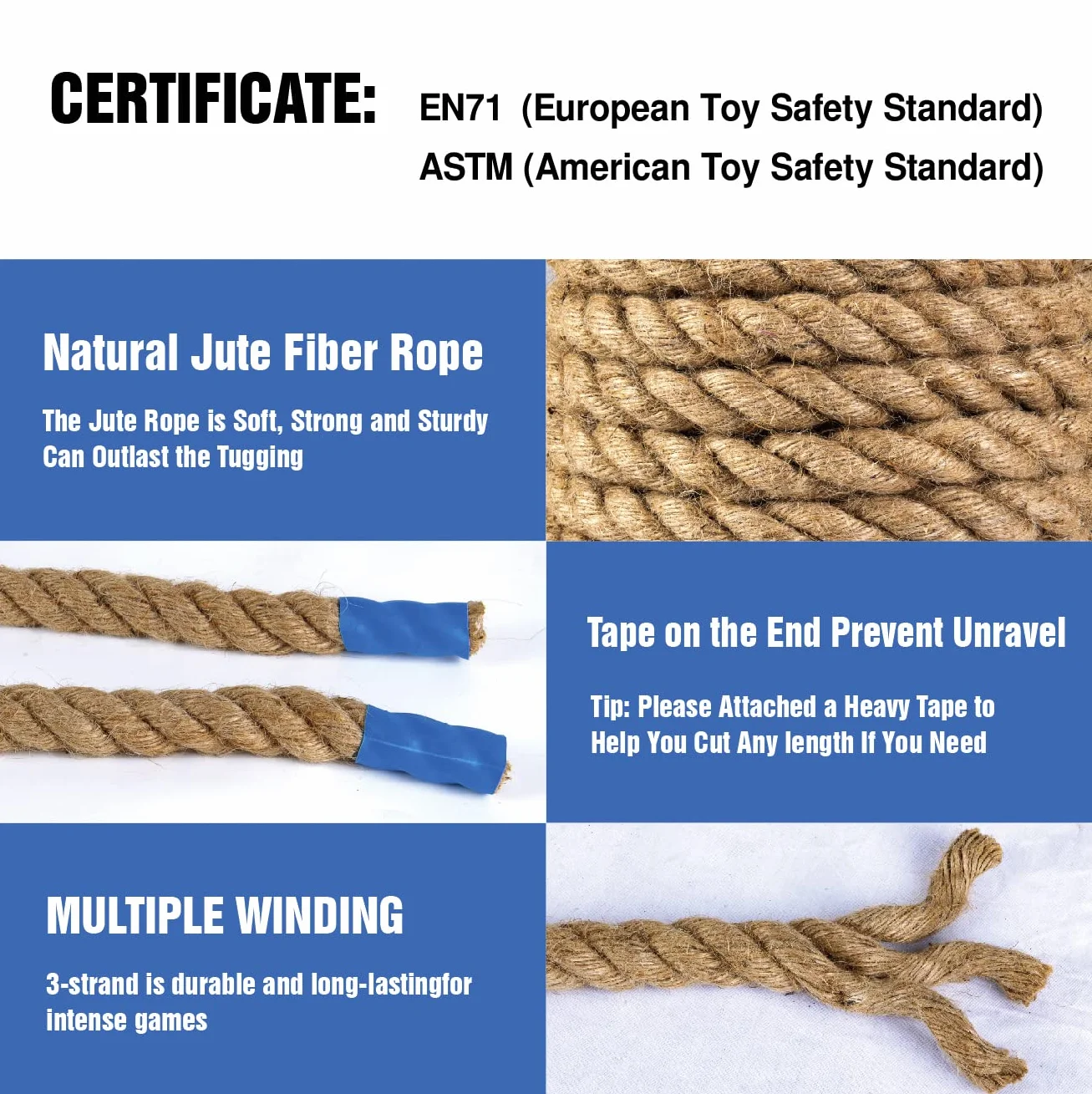 Corda da tiro alla fune con bandiera, per bambini e adulti, morbida corda in fibra di iuta naturale, per feste in campo, team building, feste, campeggio, cortile, giochi all'aperto, lunghezza 6 m,