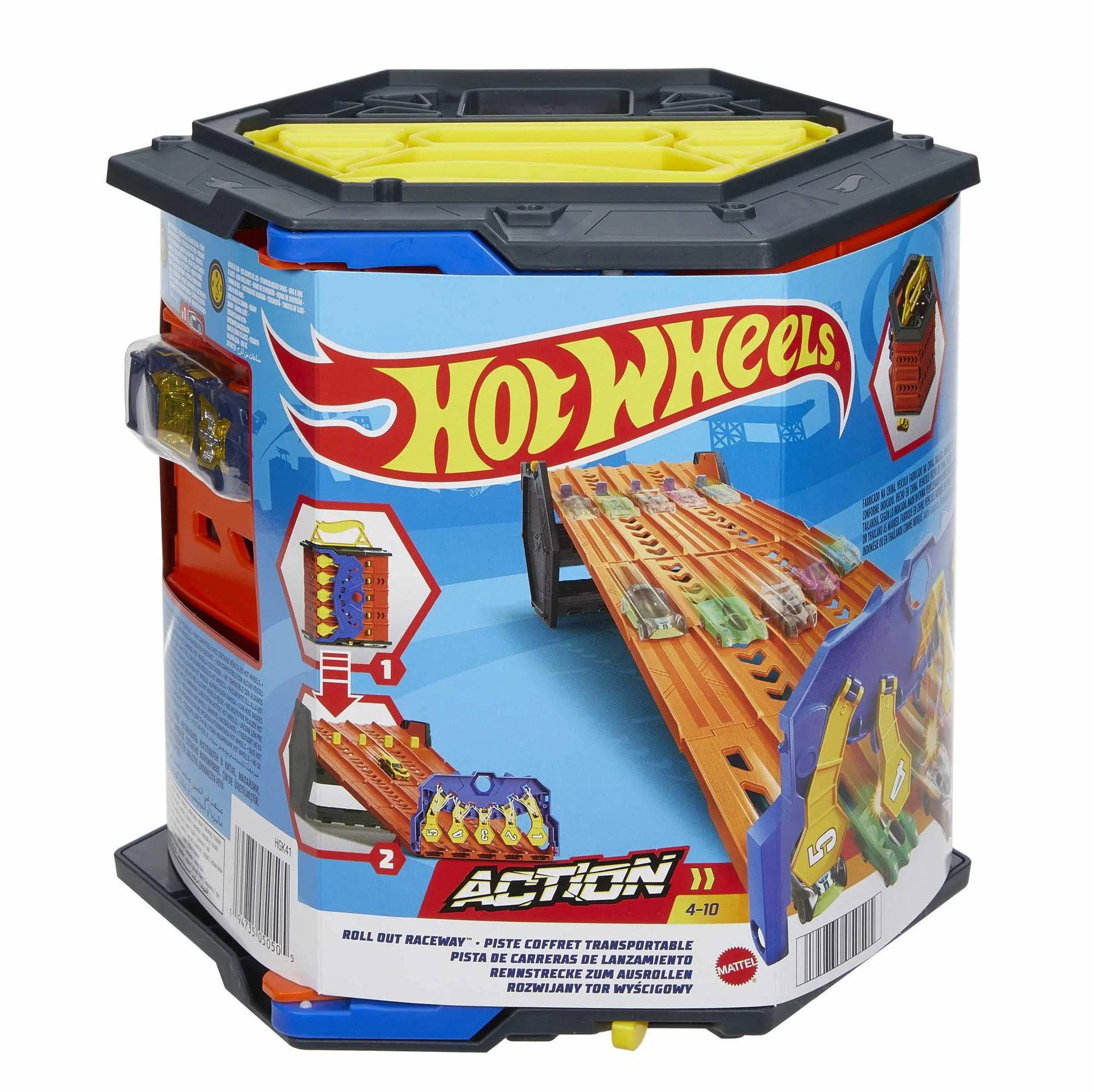Hot Wheels- Pista Srotolabile Super Discesa, Bauletto si Trasforma in Pista a 5 Corsie, Include 1 Macchinina in Scala 1:64, Imballaggio Sostenibile, Giocattolo per Bambini 4-10 Anni, HGK41