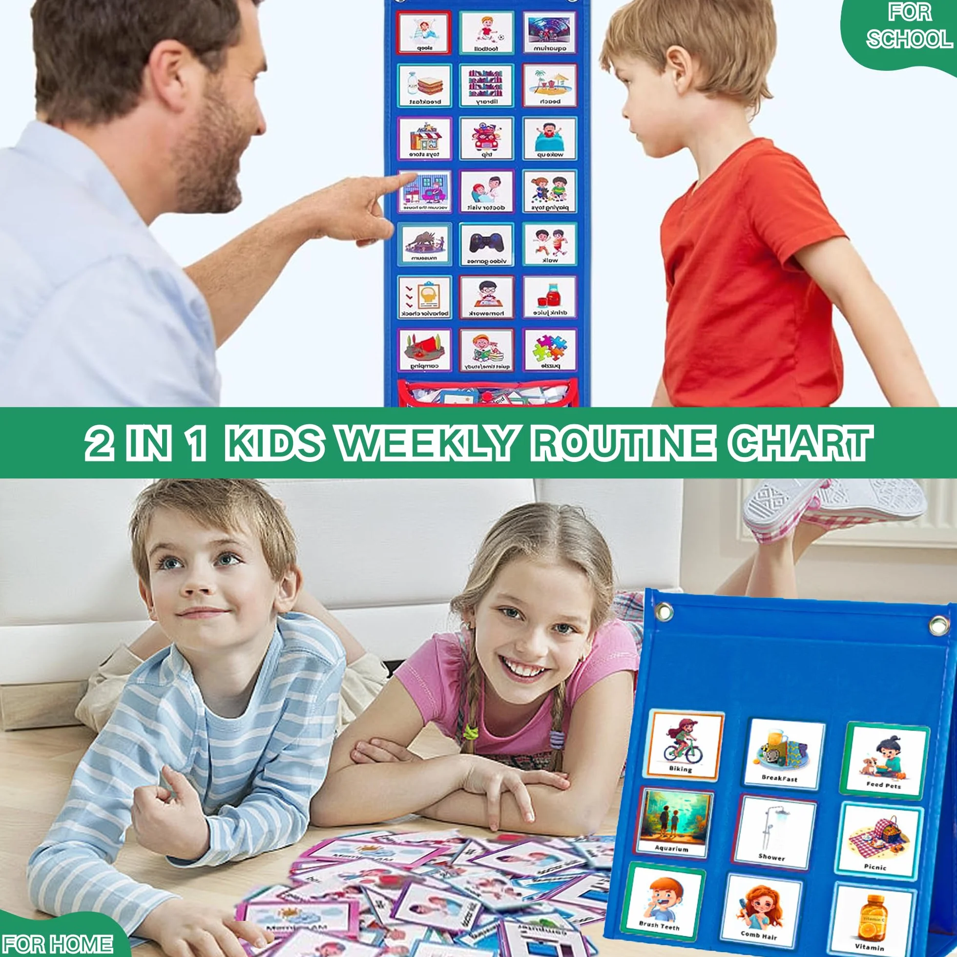 Orario Visivo Grafico Giornaliero Routine per Bambini, Routine Piano Bambini Giornaliera con 96 Carte, Agenda Visiva Bambini Autismo Libro, Calendario Didattico Inglese, Scuola Domestica（Blu）