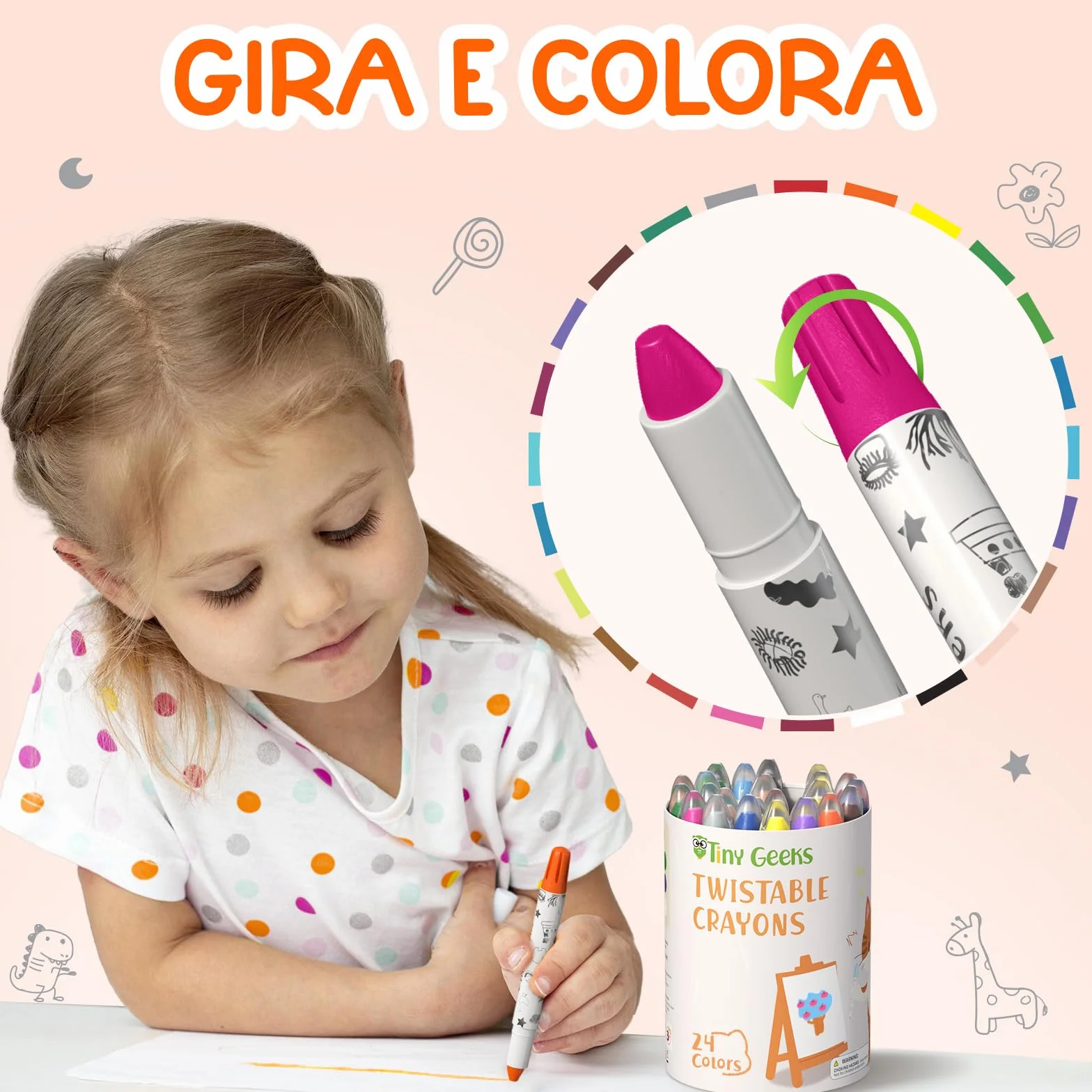 TinyGeeks 24 Pastelli a Cera Twistabili - Non Tossici per Bambini 1-3 Anni - Pastelli a Cera Lavabili per Bambini di Età 4-8 Anni