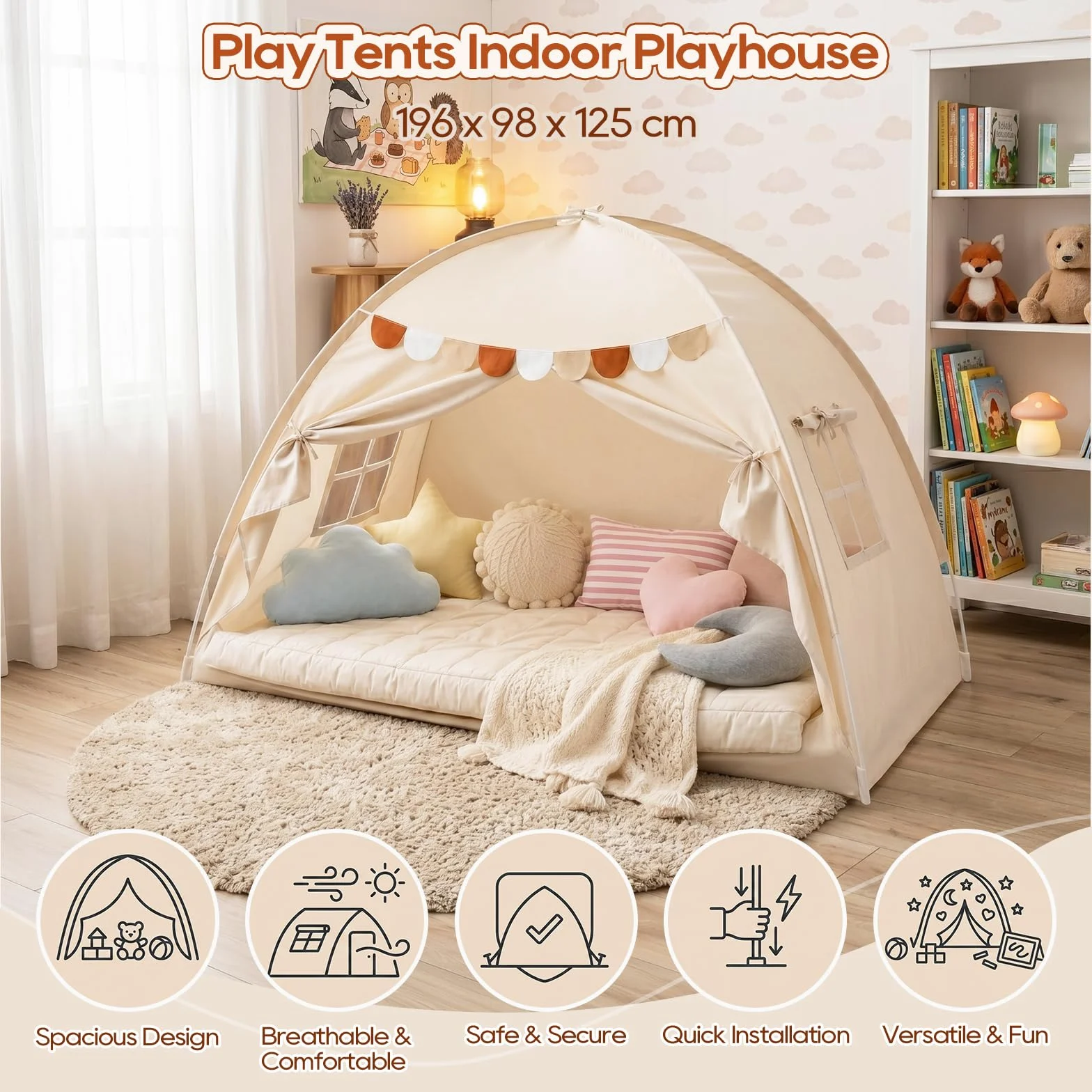 Tenda da Letto per Interni, Casetta da Gioco Pieghevole da Pavimento con Bandierine Decorative e Finestre Traspiranti, Baldacchino per la Privacy in Camera da Letto (Crema, 196 x 98 x 125 cm)