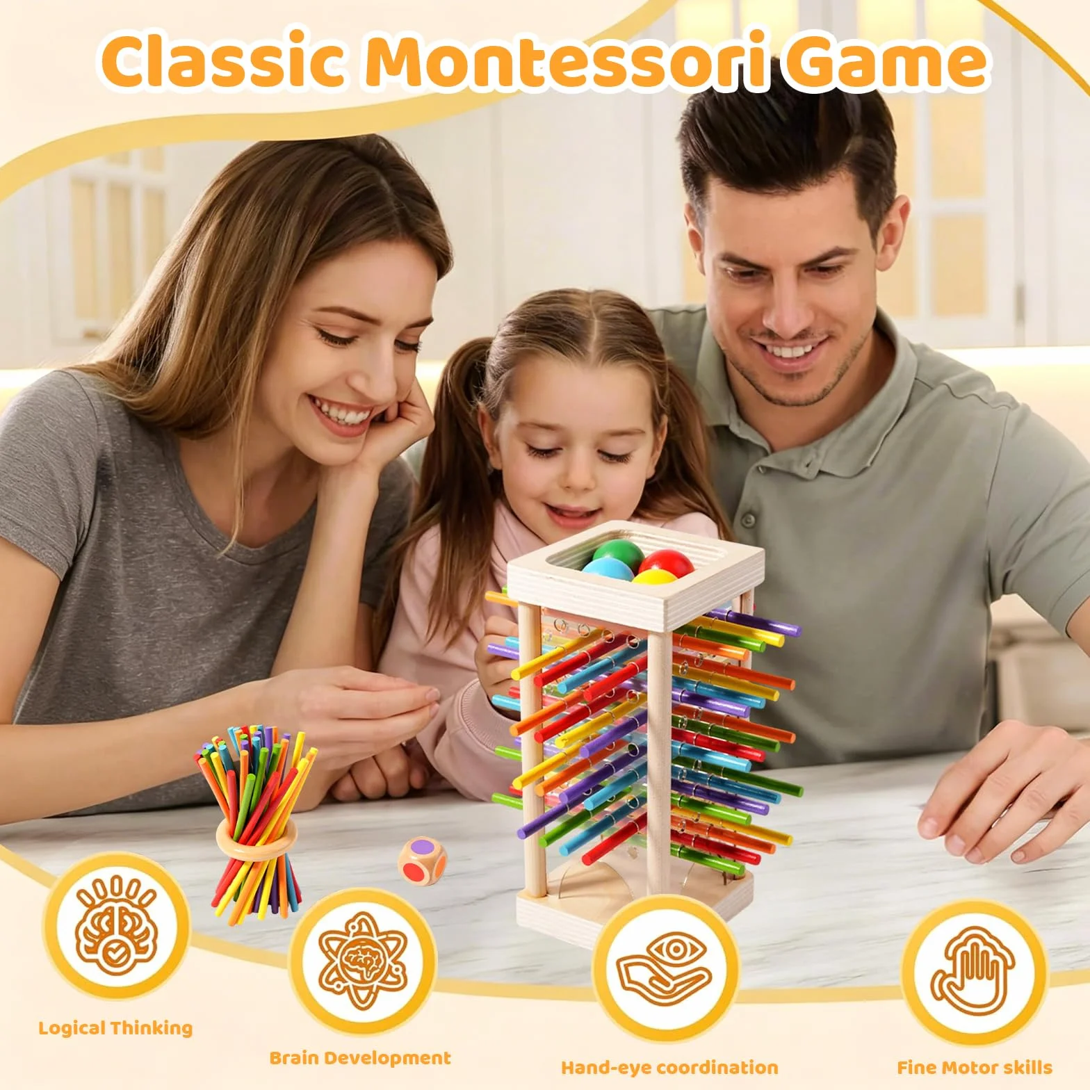 Giochi Montessori 3 4 5 6 Anni, Gioco Montessori 6 Anni in Legno con 30 Bastoncini Colorati e Dadi, Giochi per Bambini per Motricità Fine, Regalo Bambino Maschio e Femmina, Attività Familiare